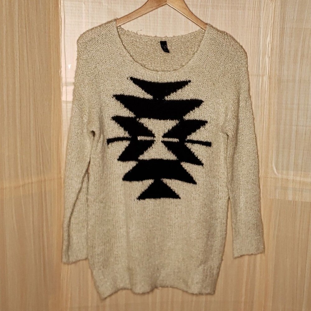 Windsor Womens Cream Black Southwest Tunic Sweater Medium